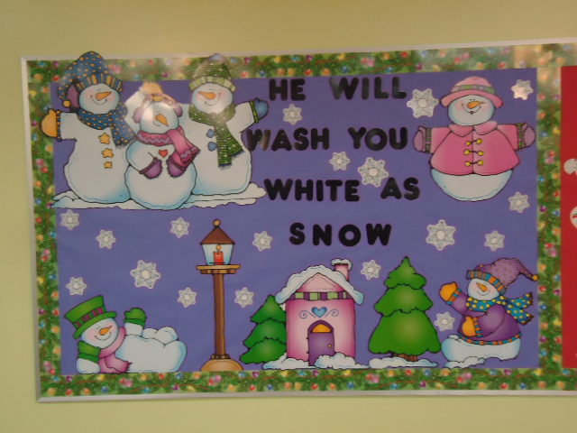 Free Christmas Snowman Bulletin Board Ideas for Your Sunday school classroom or Children's Church Room. He will wash you white as snow bulletin board idea for Christmas time. 